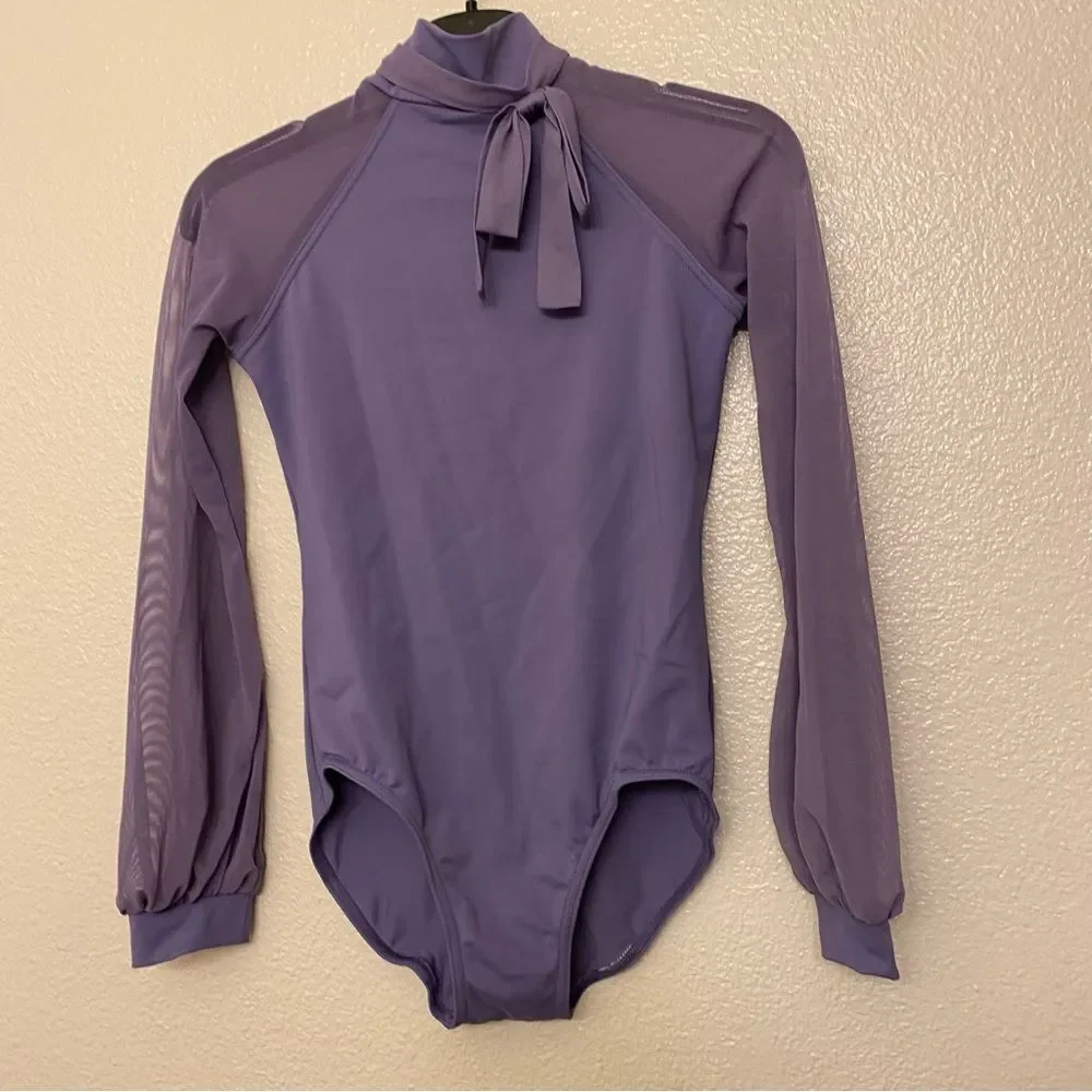 Weissman Balera Dance costume purple Long poet Sleeve Bow Tie Leotard MT11449 MC